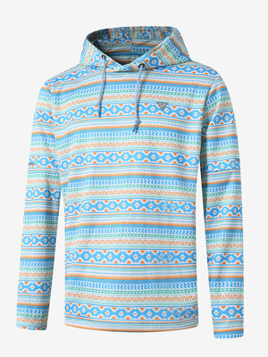 Front 3D view of trendy print fleece hoodies, clean silhouette in modern ethnic design