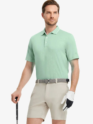 Model wearing Modern Texture Stylish Polo in BERYL GREEN, front half-body view holding golf club.