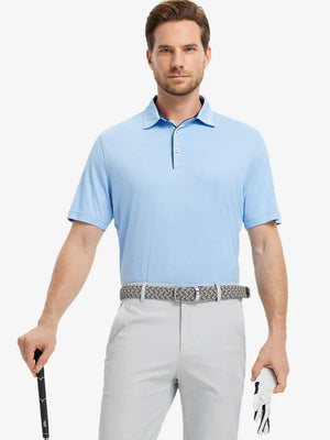 Model in Modern Fit Melange Polo LIGHT BLUE HEATHER, front half-body holding golf club with ease.