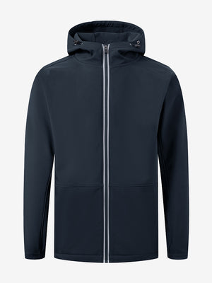 Reflective hooded softshell jacket in navy, clean 3D front view highlighting modern design.
