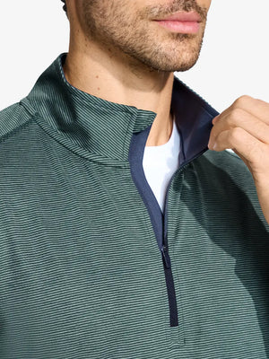 Front view from nose to chest of model wearing Pinstripe Quarter Zip Pullover – DARK GREEN MELANGE