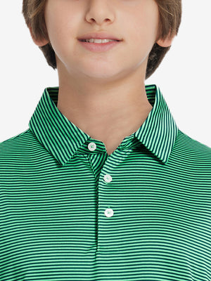 Front view of youth wearing green stripe performance cooling polo, showing collar and chest fit