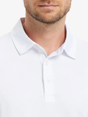Close-up front (nose to chest) of Everyday Solid Jersey Polo in WHITE, showcasing crisp fabric texture.