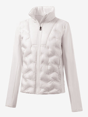 Women's lightweight fleece-lined puffer jacket in oyster gray, clean 3D front view with a modern shape.