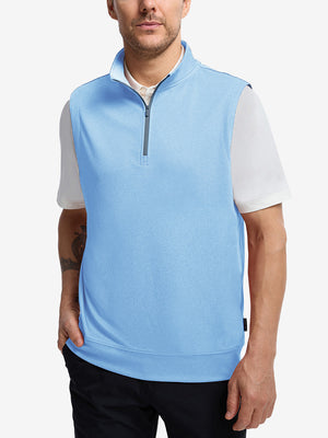 Upper body front view of model wearing light blue melange lightweight sleeveless quarter zip golf vest