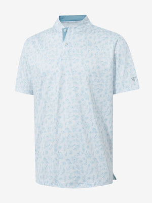 3D view of white blue florals stretch printed collarless henley golf shirts.