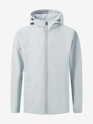 Reflective hooded softshell jacket in light gray, clean 3D front view highlighting modern design.
