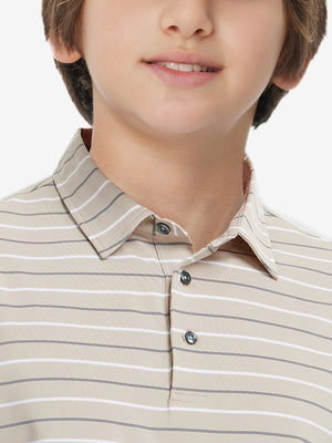 Close-up of collar on trendy boys stripe polo shirts, neat stitching with light khaki stripe accent