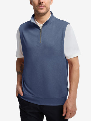 Upper body front view of model wearing colony blue melange lightweight sleeveless quarter zip golf vest