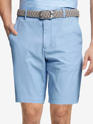 Front waist to knee view of light blue water resistant golf 9 inch shorts, clean athletic fit.