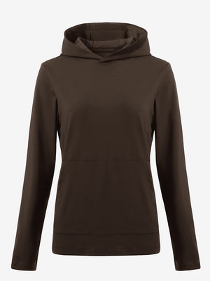 3D front view of women's lightweight hoodies pullover in coffee brown, showing clean and sporty look.