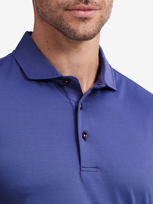 Collar detail of Long sleeve pinstripe jersey polo with clean trim in plum blue stripe