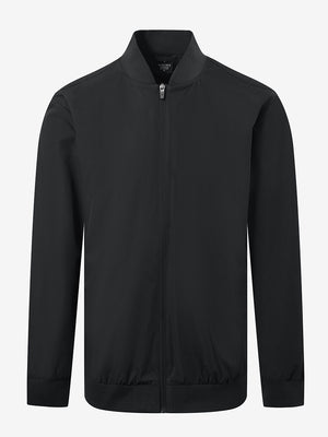 Casual windproof bomber jacket in black, front 3D view with clean and structured design