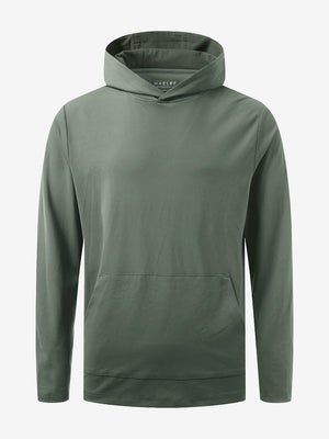 3D front view of youth long sleeve hoodied with kangaroo pocket in olive green, showing clean design.