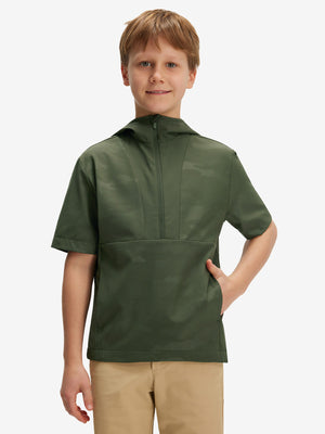 Front waist-up shot of model wearing military green water-resistant short sleeve q-zip hoodie for boys
