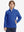 Model wearing kids soft lightweight fleece lined jacket in klein blue, showcasing front half-body view.