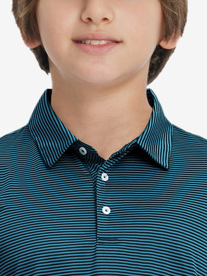 Collar close-up of Kids stripe golf polos with neat trim and turquoise stripe detail