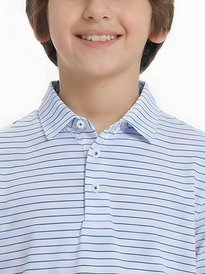 Front collar upper body of youth performance golf polos, clean neckline and white/light blue stripe detail
