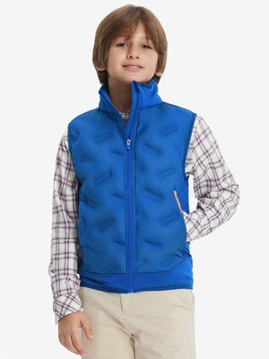 Model wearing boys full-zip fleece-lined puffer vest, hand in side pocket, relaxed fit in klein blue