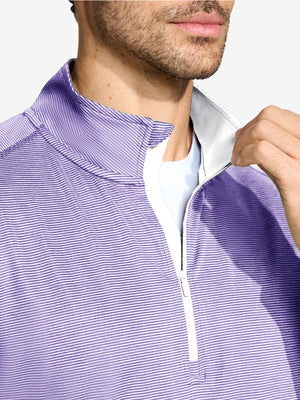 Front view from nose to chest of model wearing Pinstripe Quarter Zip Pullover – LAVENDER MELANGE
