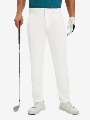 Water-resistant golf stretch nylon pants in white, front lower-body view showing clean athletic fit.
