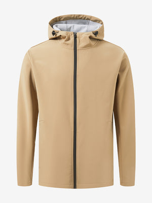 Water-resistant heat-tech softshell winter jacket with hood in khaki, clean 3D front view.