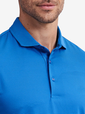 Collar detail of Long sleeve pinstripe jersey polo with clean trim in cobalt stripe