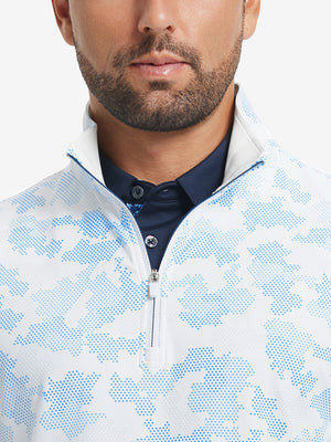 Close-up from nose to chest, showing zipper collar detail and fabric pattern of the sky blue camo pullover.