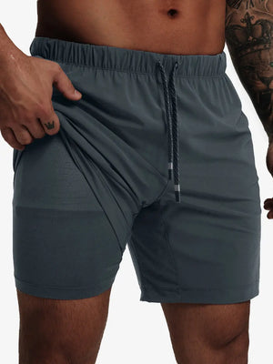 Front lower-body view from waist to knees showing stretch of DARK GREY 2 in 1 Running Sports Shorts with Liner