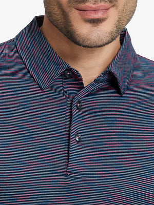 Front half-body view from nose to chest of model wearing SPACE DYE STRIPE Performance Yarn Dye Striped Polo
