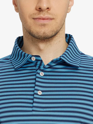 Upper chest close-up wearing Navy Blue Yarn Dyed Stripe Polo – from nose to chest