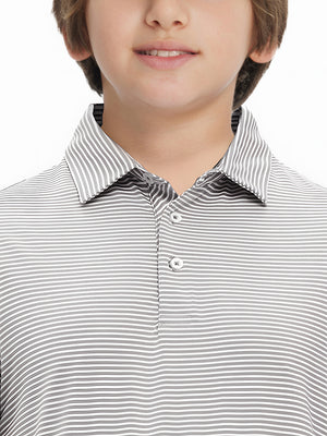 Front view of youth wearing grey white stripe performance cooling polo, showing collar and chest fit