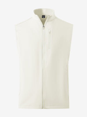 Water-resistant fleece golf vests in cream, front 3D view highlighting clean structure and fabric
