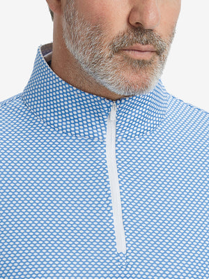 Close-up of collar area on jacquard quarter zip pullover in blue/white, highlighting refined jacquard detail.