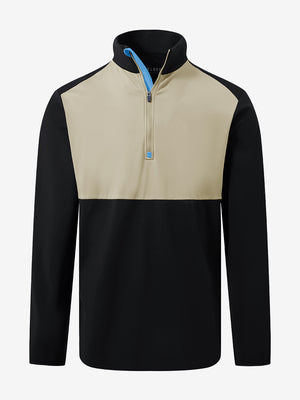 Front 3D view of Fleece lined golf quarter zip in black/grey with structured design