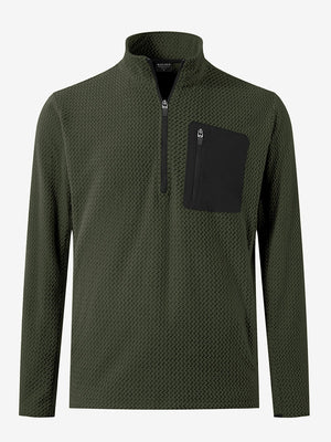 3D front view of midweight warm stretchy quarter zip pullover in forest green, simple and sleek look.