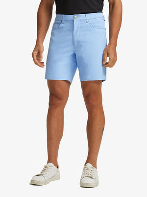 LIGHT BLUE 4-way Stretch Performance Solid Shorts, golfer front lower body with club, 7 Inch view