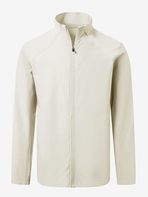 Lightweight water-resistant outerwear jacket in beige, front 3D view with clean structure