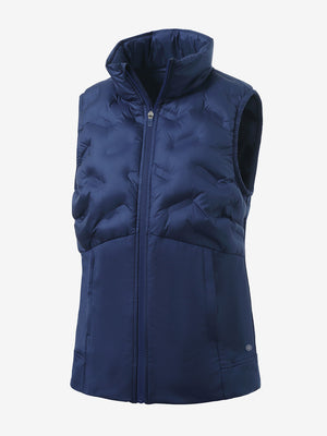 Women's lightweight slim-fit puffer vest in navy, front 3D view with clean quilt lines