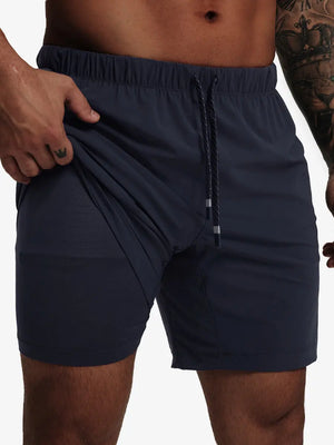 Front lower-body view from waist to knees showing stretch of NAVY 2 in 1 Running Sports Shorts with Liner