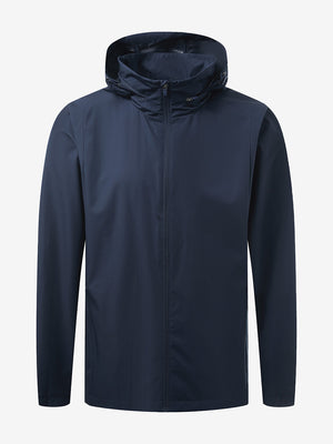 Lightweight water-repellent softshell hooded jacket in navy, clean 3D front view highlighting sleek outdoor design.