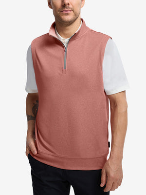 Upper body front view of model wearing brick melange  lightweight sleeveless quarter zip golf vest