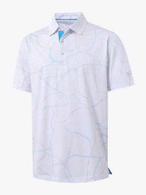 3D view of MAELREG Performance Jersey Print Polo in Abstract Stripe – breathable golf fabric