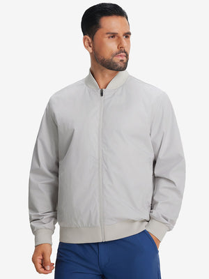 Model wearing casual windproof bomber jacket, glacier grey, front upper body with relaxed fit