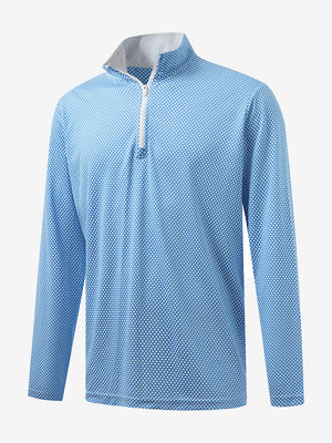 Front 3D view of jacquard quarter zip pullover in blue/white, showing its textured fabric design.