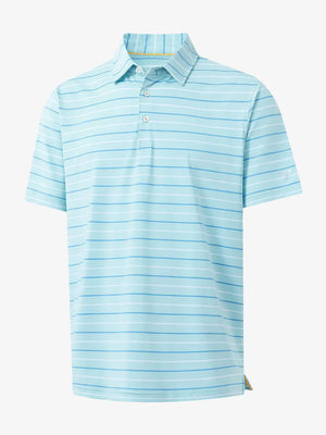 3D mockup of ICED AQUA STRIPE Stylish Performance Golf Polo showing fabric design and silhouette