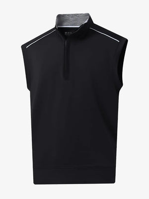 3D view of BLACK Stretch Solid Fleece Quarter-Zip Vest showing fit and texture.								
