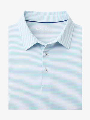 Folded Slate Blue Aqua Blue Stripe Performance Stripe Golf Shirt displayed flat