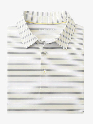 Folded Khaki Neutral Grey Stripe Performance Stripe Golf Shirt displayed flat