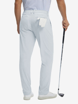 Back view of soft lightweight casual golf pants with 5 pockets, clean fit and structure in misty grey.